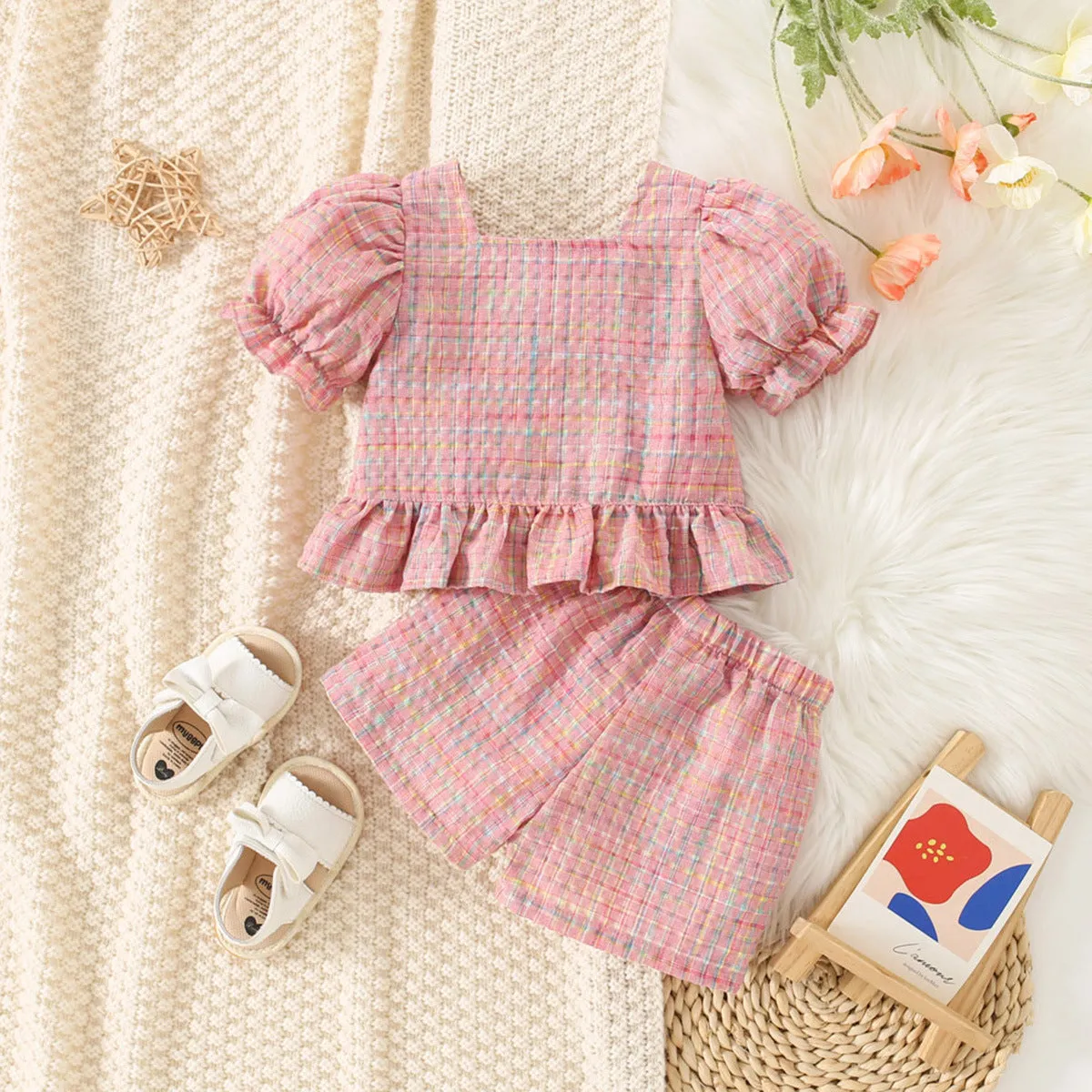 Girls cotton plaid top and shorts suit two-piece set in red, flat lay view