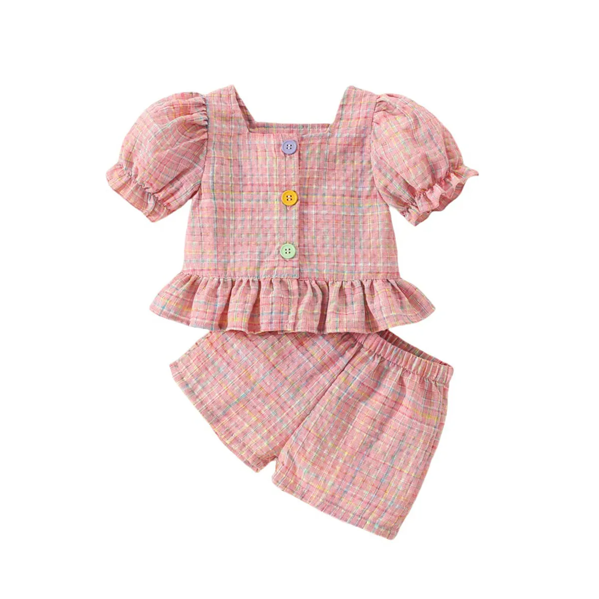 Girls cotton plaid top and shorts suit two-piece set in red, flat lay view