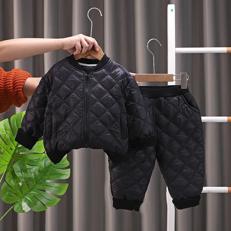 Children's fleece-lined suit set in plaid cotton clothes, green colour, for casual wear