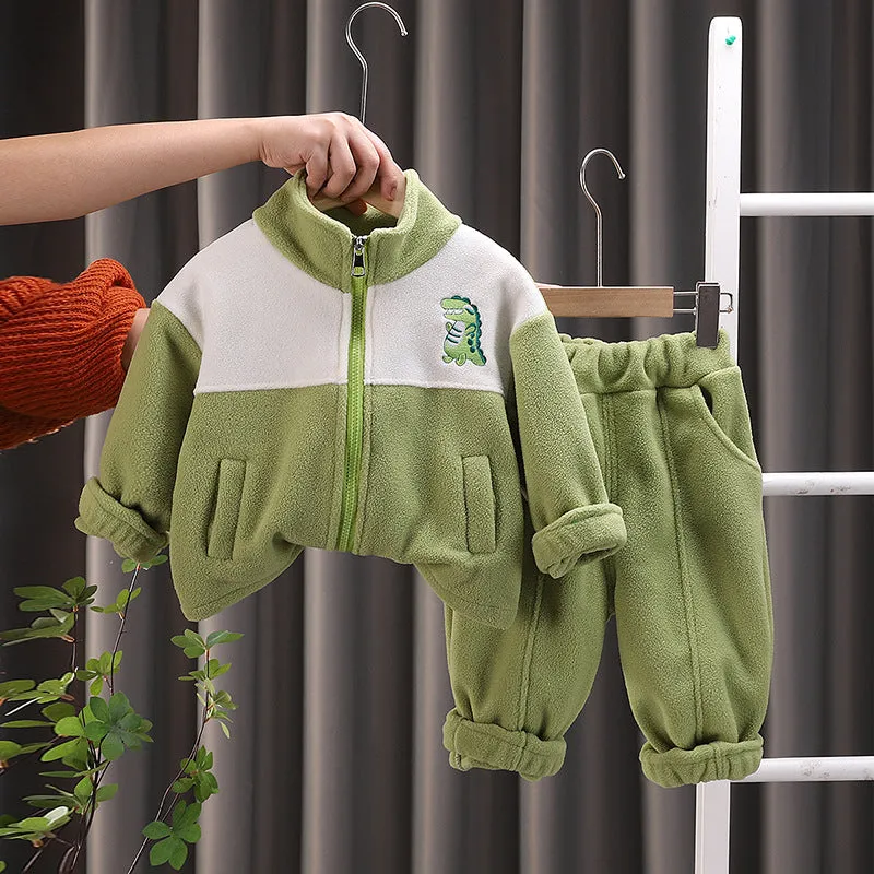 Children's fleece-lined suit set in plaid cotton clothes, green colour, for casual wear