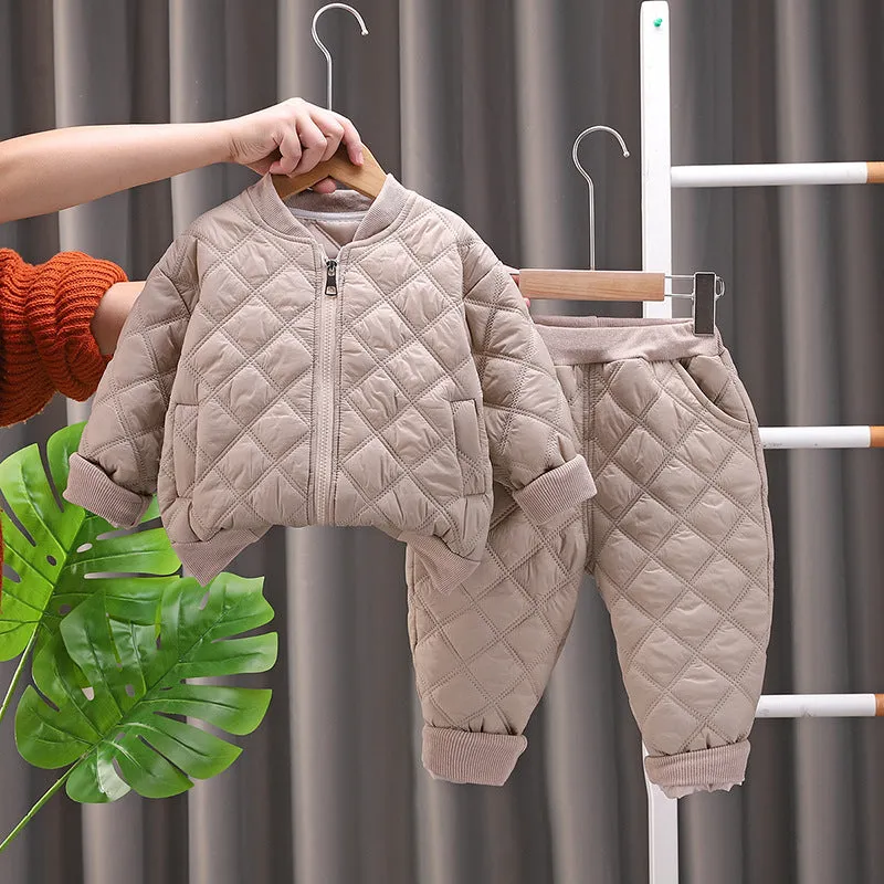 Children's fleece-lined suit set in plaid cotton clothes, green colour, for casual wear