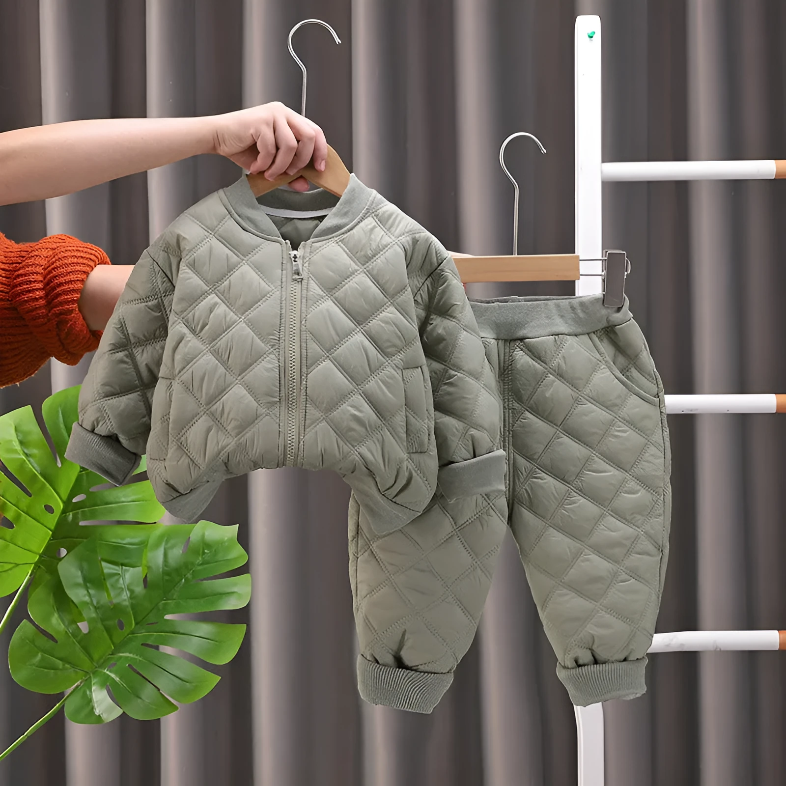 Children's fleece-lined suit set in plaid cotton clothes, green colour, for casual wear
