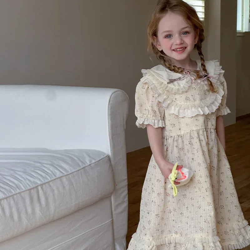 Beige floral cotton girls dress with lace trim short sleeves summer style