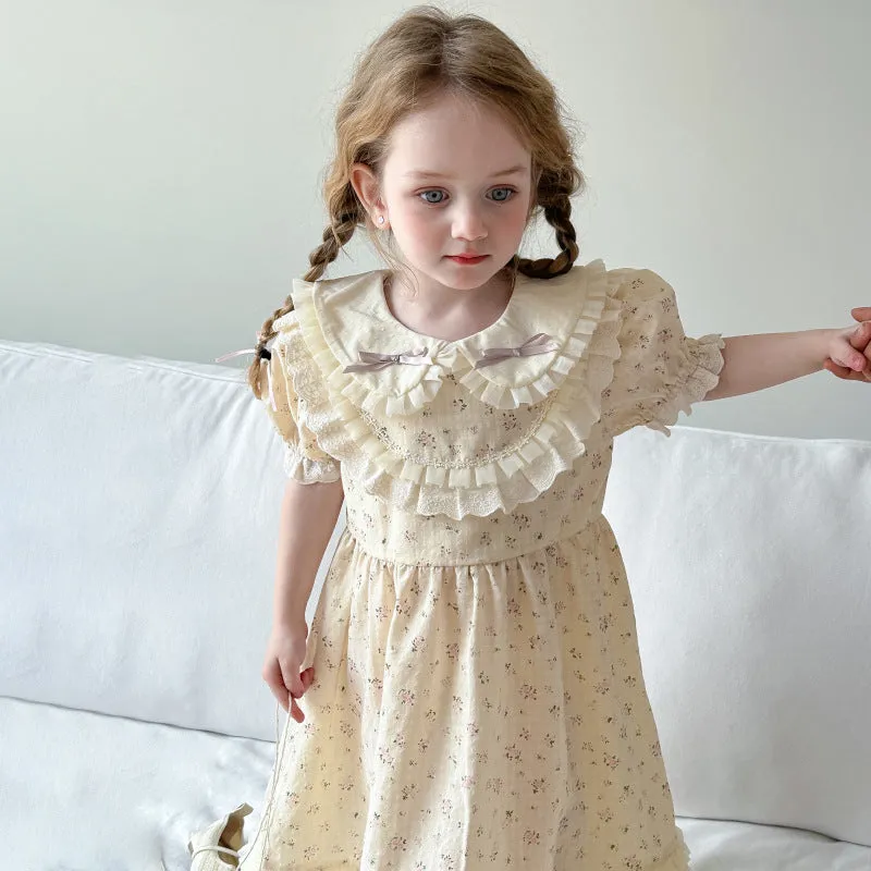 Beige floral cotton girls dress with lace trim short sleeves summer style