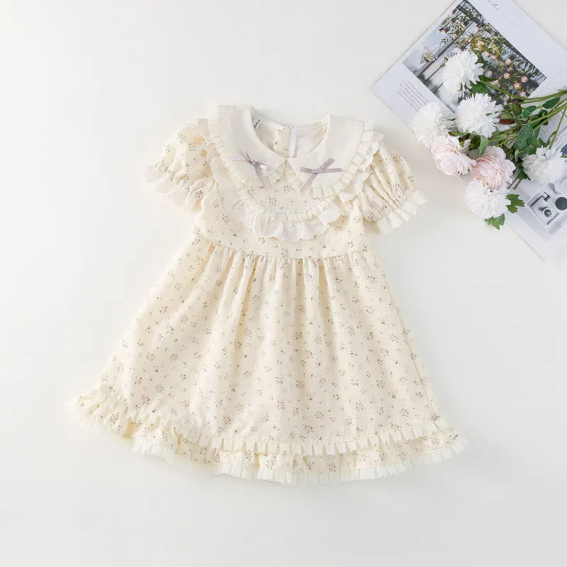 Beige floral cotton girls dress with lace trim short sleeves summer style