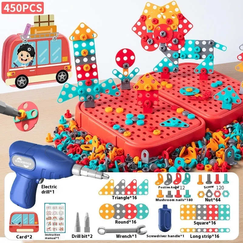 Children screw puzzle toy with electric drill and toolbox set, 230 pieces, astronaut theme, plastic