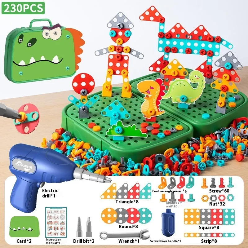 Children screw puzzle toy with electric drill and toolbox set, 230 pieces, astronaut theme, plastic
