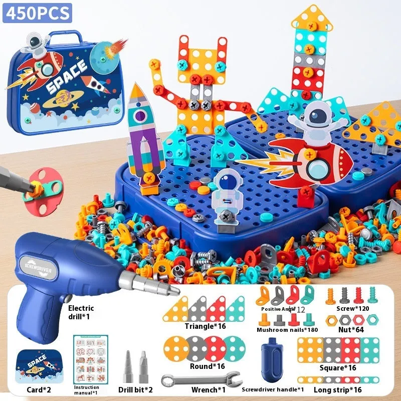 Children screw puzzle toy with electric drill and toolbox set, 230 pieces, astronaut theme, plastic