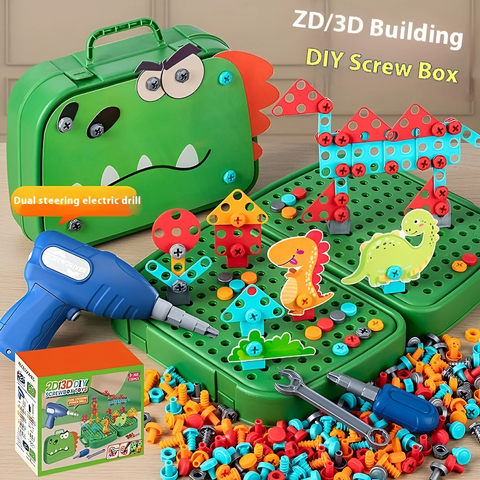 Children screw puzzle toy with electric drill and toolbox set, 230 pieces, astronaut theme, plastic