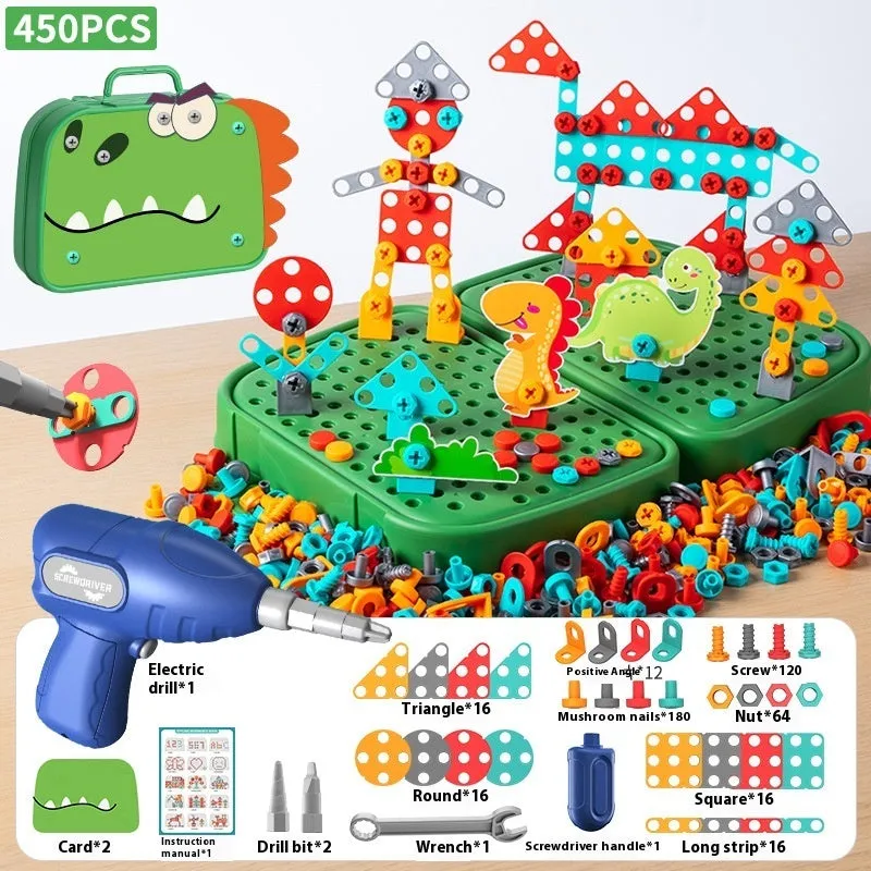 Children screw puzzle toy with electric drill and toolbox set, 230 pieces, astronaut theme, plastic