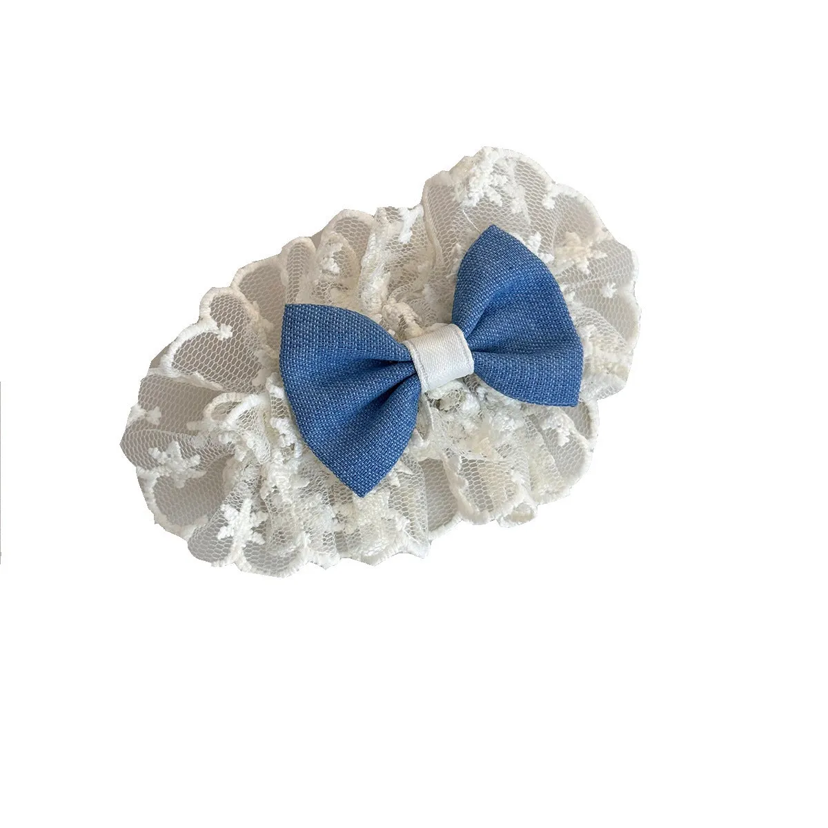 A women's hair clip barrette with a soft blue cloth bow and lace decoration on a plastic clip.