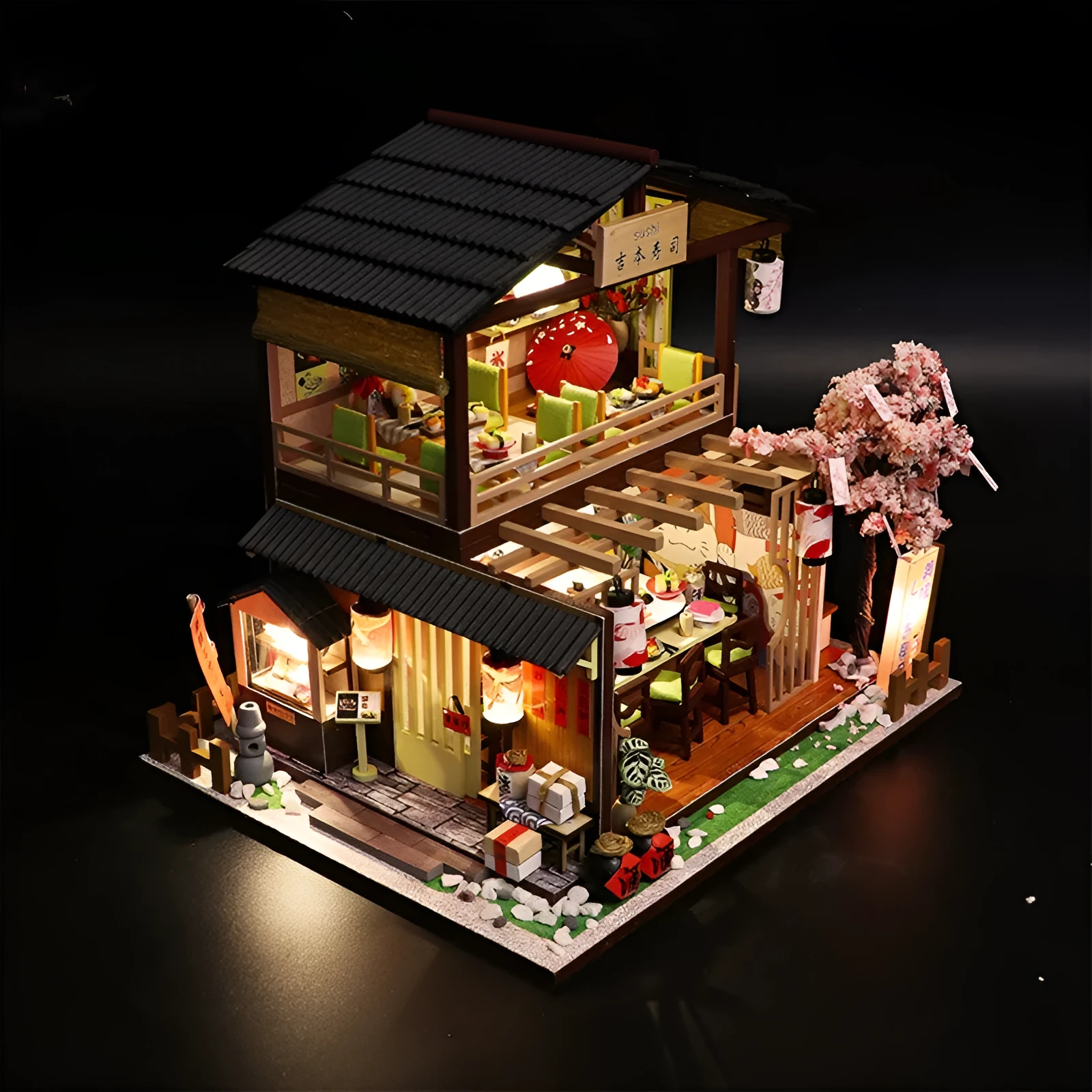 Japanese style sushi restaurant wooden building model kit with flash function, assembled on a shelf