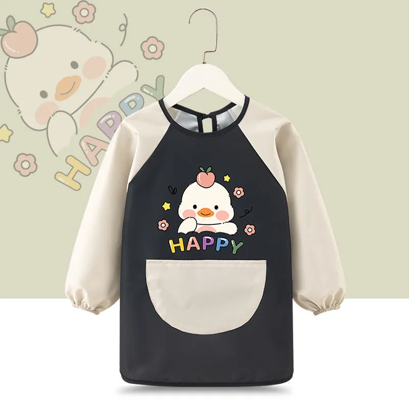 Children's waterproof painting apron with cartoon design in pink rabbit pattern, polyester fabric, inside-out style