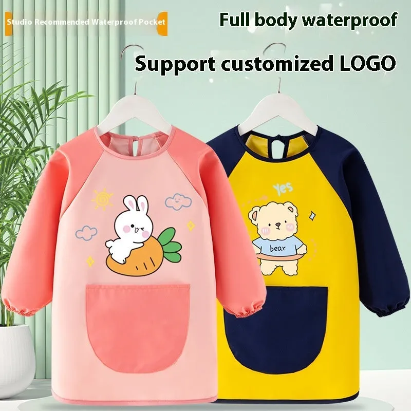 Children's waterproof painting apron with cartoon design in pink rabbit pattern, polyester fabric, inside-out style