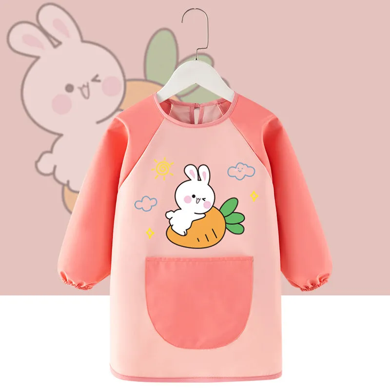 Children's waterproof painting apron with cartoon design in pink rabbit pattern, polyester fabric, inside-out style