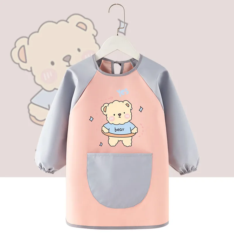 Children's waterproof painting apron with cartoon design in pink rabbit pattern, polyester fabric, inside-out style