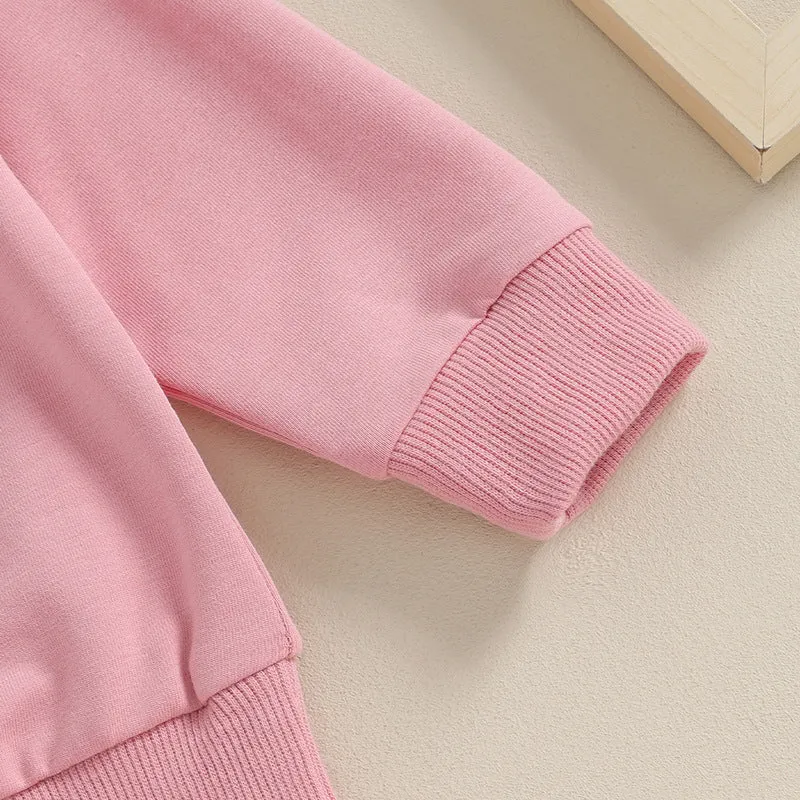 Baby girl solid colour cotton blend sweater with embroidered letters and matching long trousers suit in pink