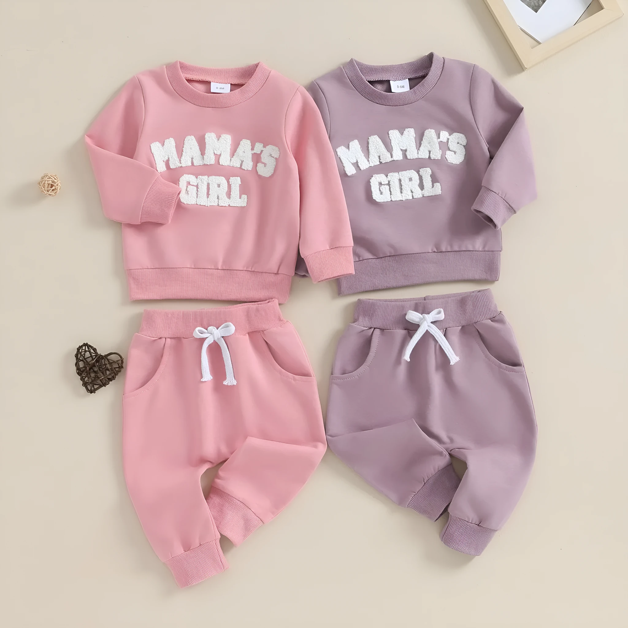 Baby girl solid colour cotton blend sweater with embroidered letters and matching long trousers suit in pink