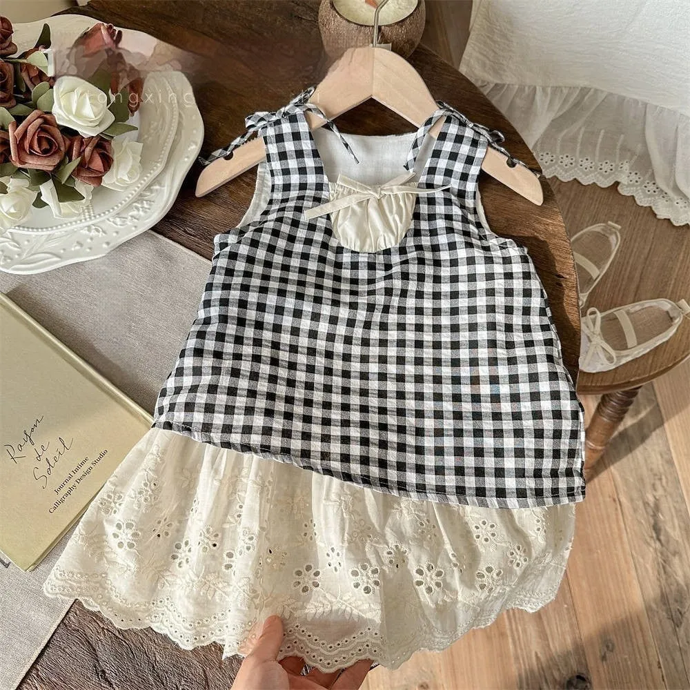 Girl's red plaid fake two pieces cotton summer dress with headscarf for 80-130cm