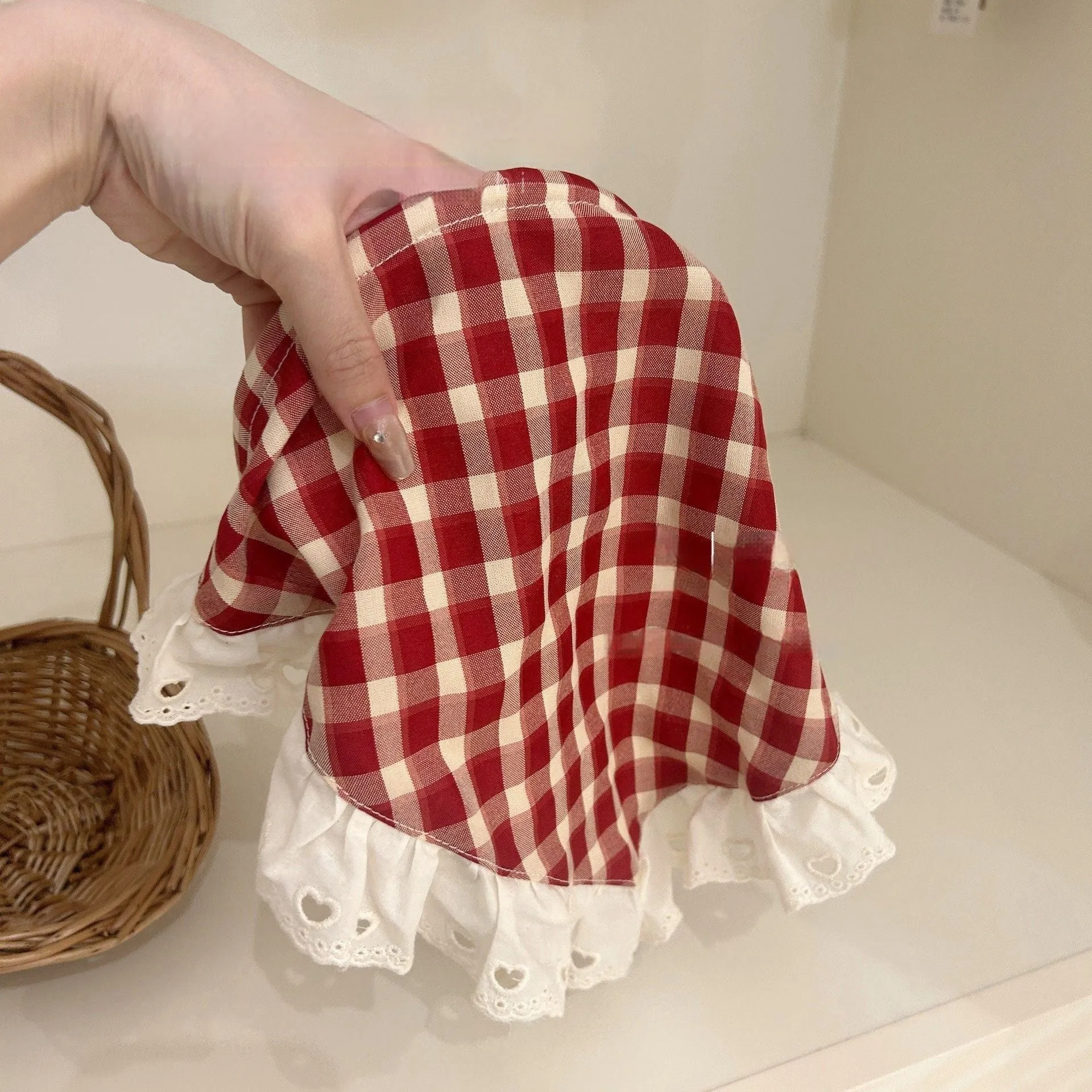Girl's red plaid fake two pieces cotton summer dress with headscarf for 80-130cm