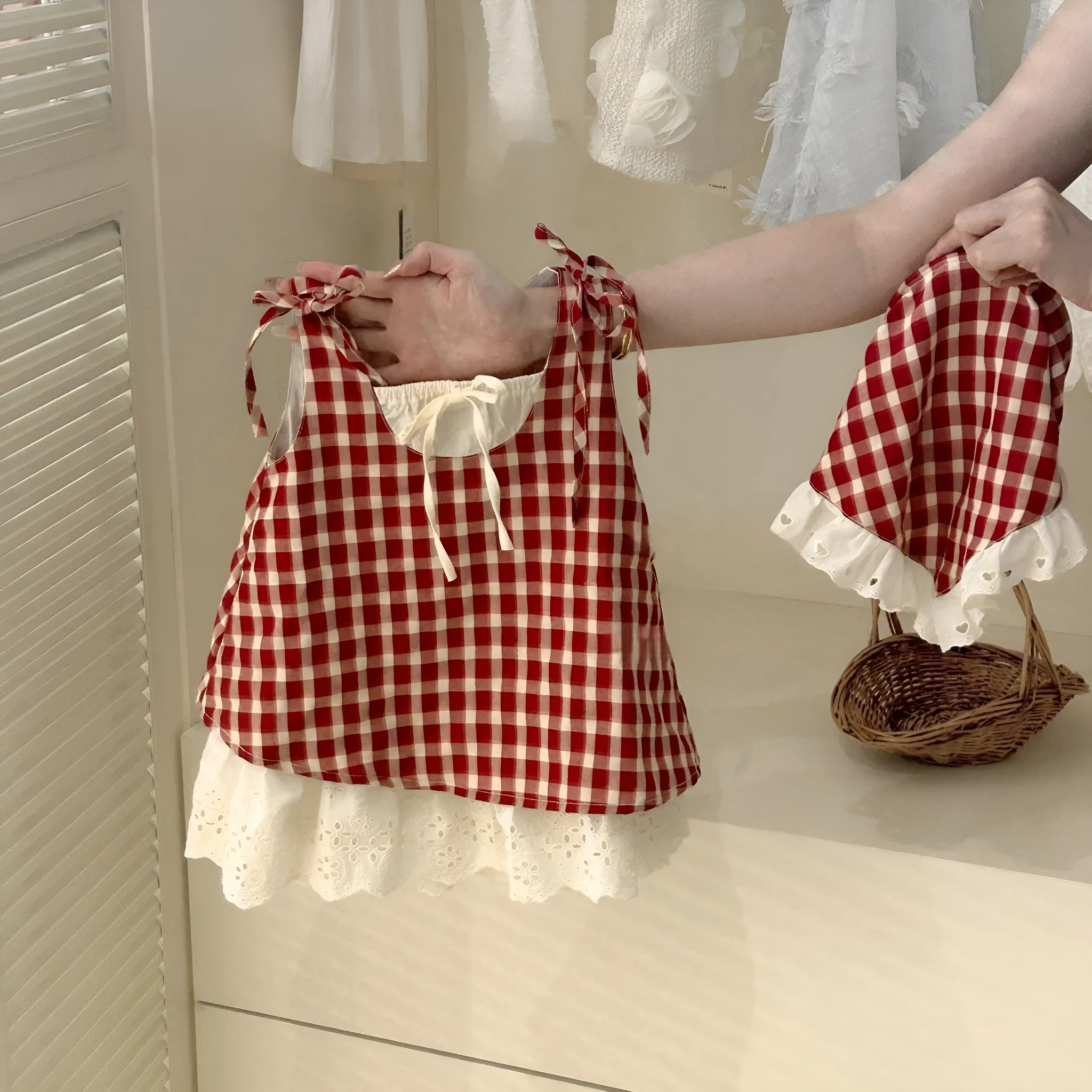 Girl's red plaid fake two pieces cotton summer dress with headscarf for 80-130cm