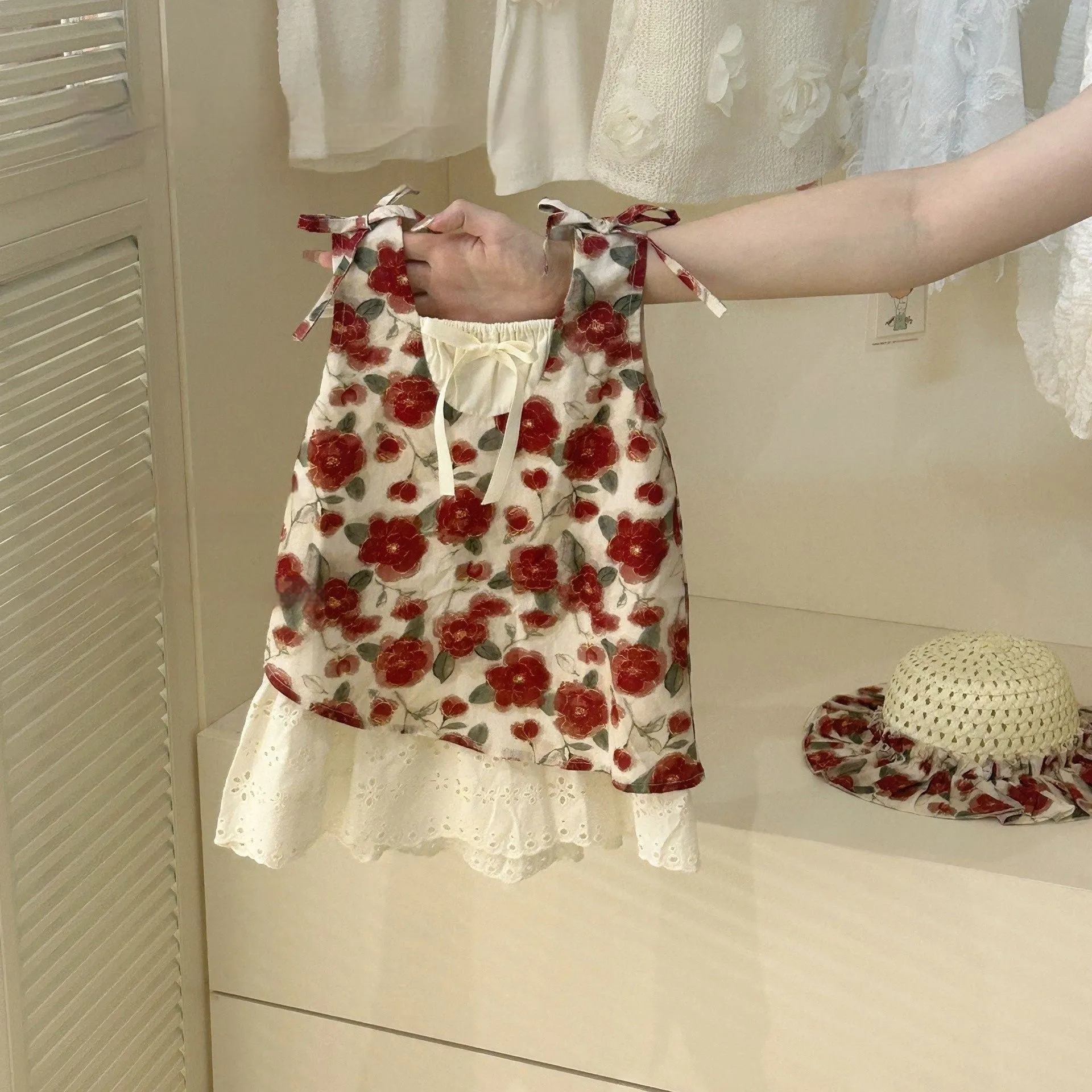Girl's red plaid fake two pieces cotton summer dress with headscarf for 80-130cm