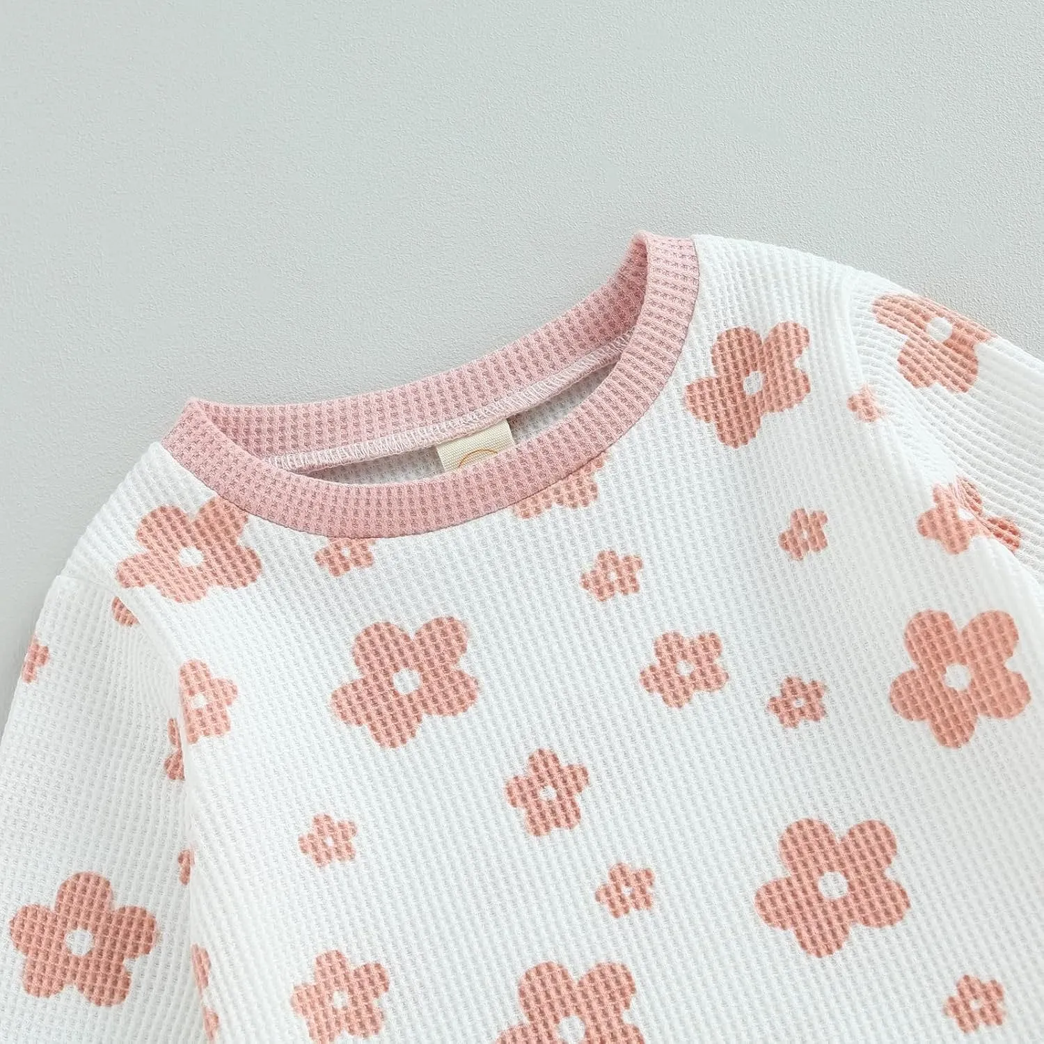 Children's cotton flower print sweater suit set with top and trousers in beige, camel, white, and milky white colours