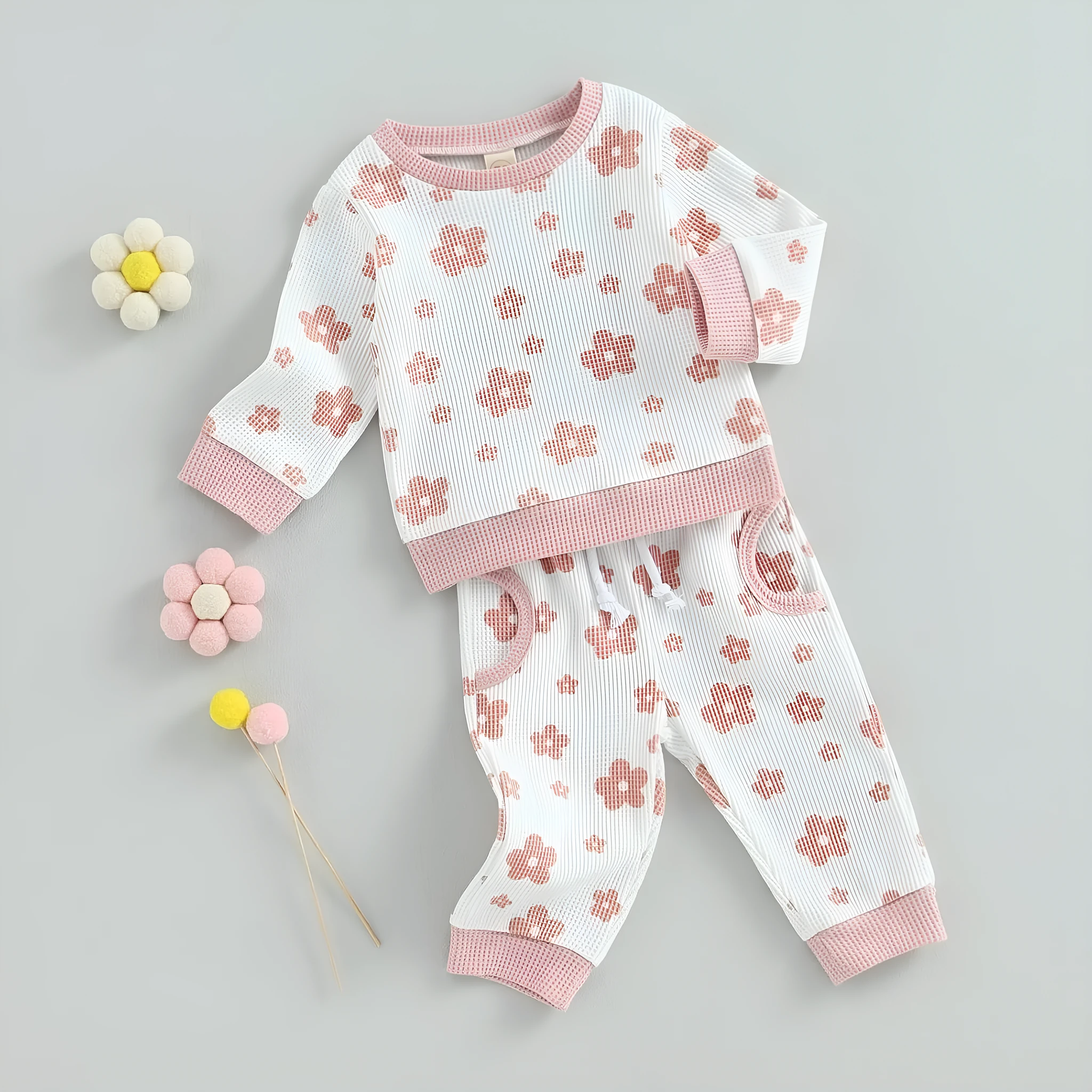 Children's cotton flower print sweater suit set with top and trousers in beige, camel, white, and milky white colours