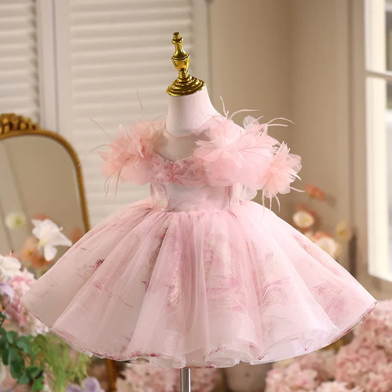 Pink polyester girls princess dress light luxury high-end style suitable height 80-150cm