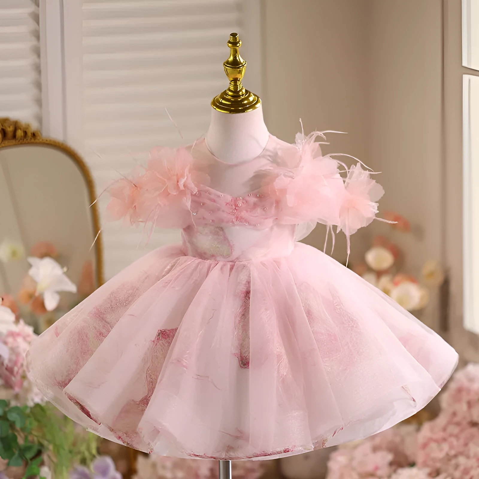Pink polyester girls princess dress light luxury high-end style suitable height 80-150cm