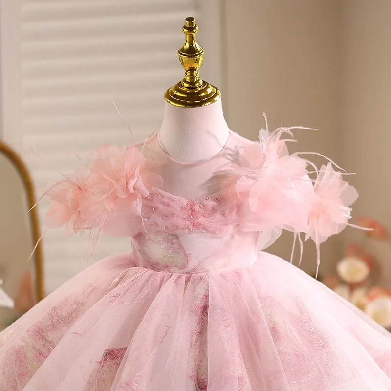 Pink polyester girls princess dress light luxury high-end style suitable height 80-150cm