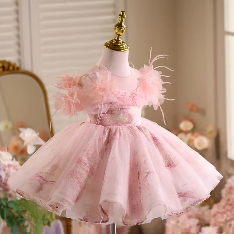 Pink polyester girls princess dress light luxury high-end style suitable height 80-150cm