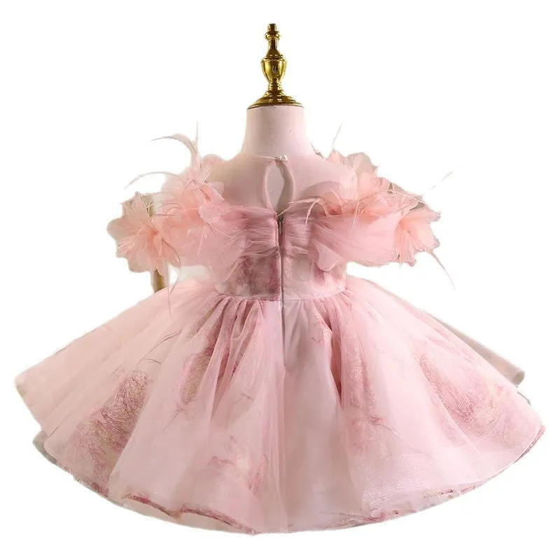 Pink polyester girls princess dress light luxury high-end style suitable height 80-150cm