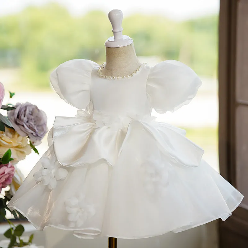 White polyester princess-style girls' piano performance dress for recitals, available in sizes 80cm to 130cm