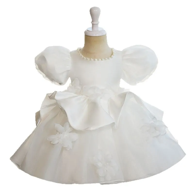 White polyester princess-style girls' piano performance dress for recitals, available in sizes 80cm to 130cm