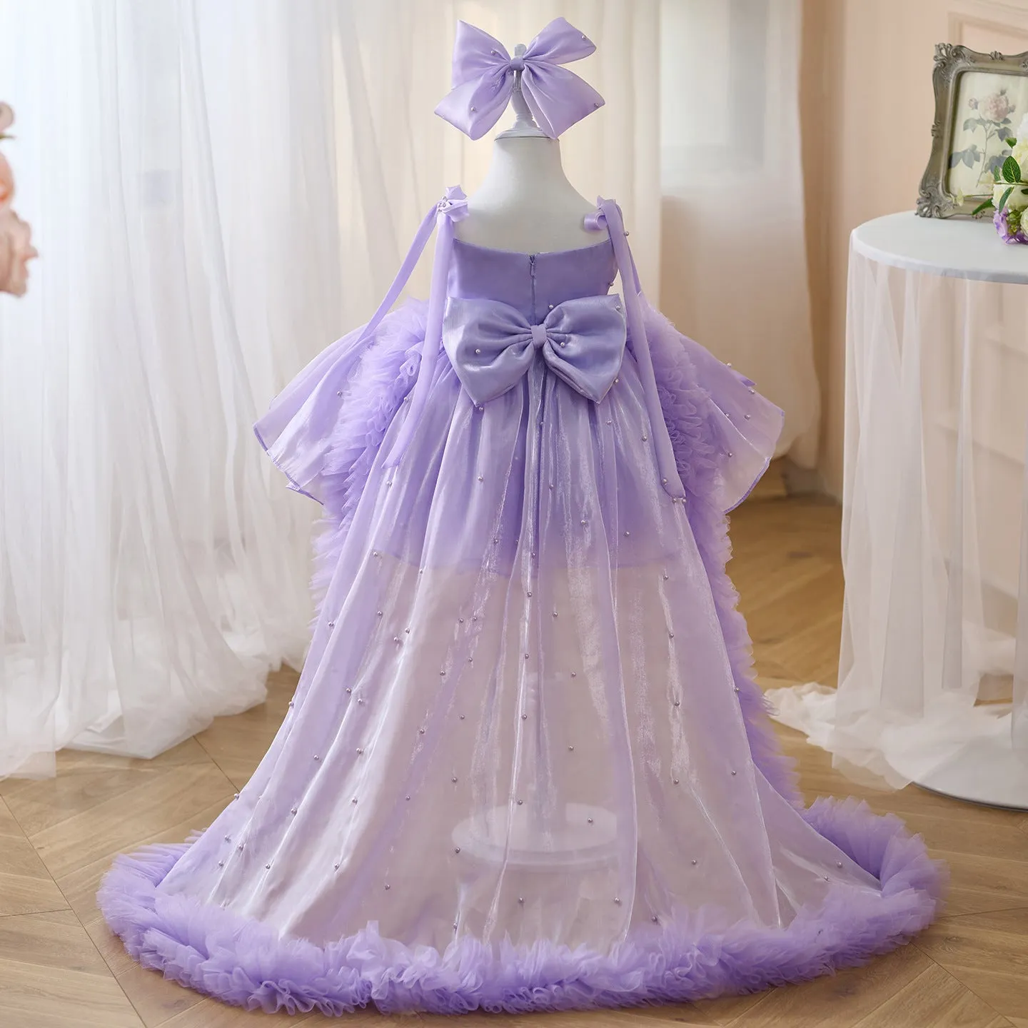 Girls' purple beaded trailing princess dress made from polyester fibre, suitable for heights 80cm to 160cm