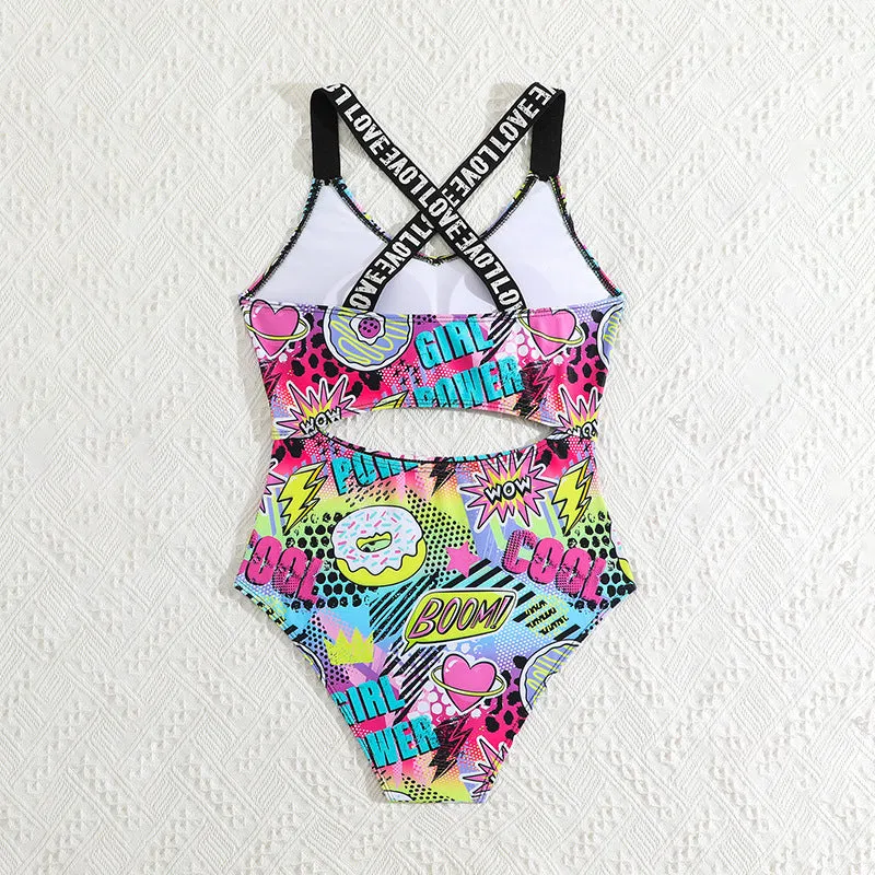 Cute cartoon digital print one piece swimsuit for girls medium and large sizes 13Y-16Y