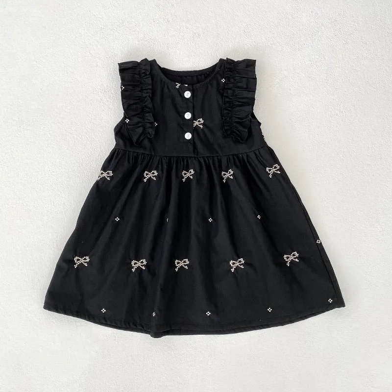 Children's cotton bowknot embroidered sleeveless dress in pink with A-line skirt