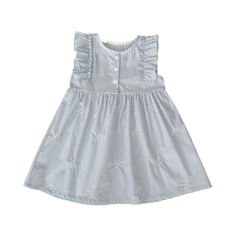 Children's cotton bowknot embroidered sleeveless dress in pink with A-line skirt