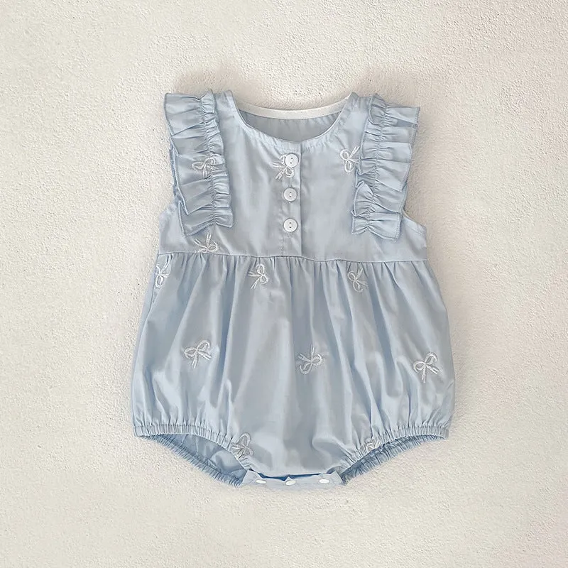 Children's cotton bowknot embroidered sleeveless dress in pink with A-line skirt