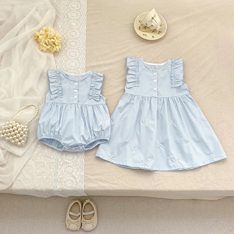Children's cotton bowknot embroidered sleeveless dress in pink with A-line skirt