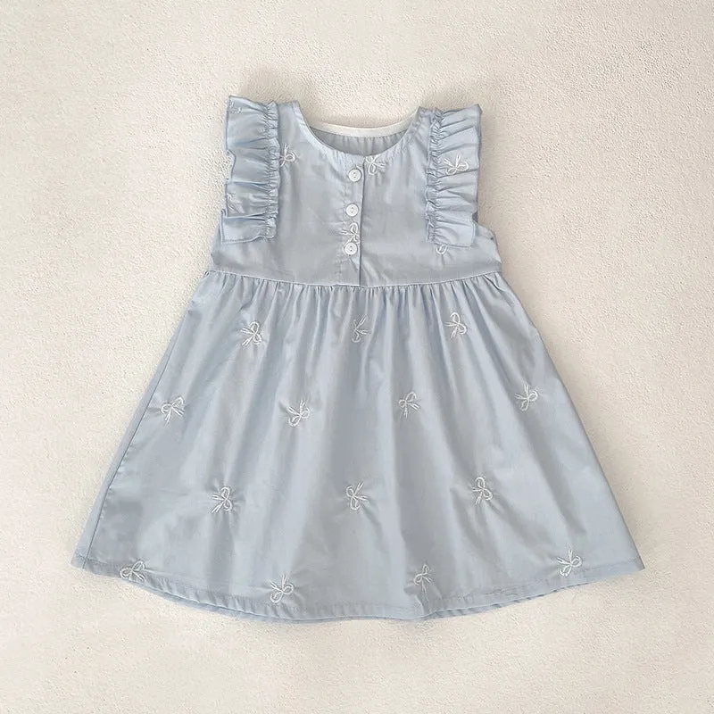 Children's cotton bowknot embroidered sleeveless dress in pink with A-line skirt
