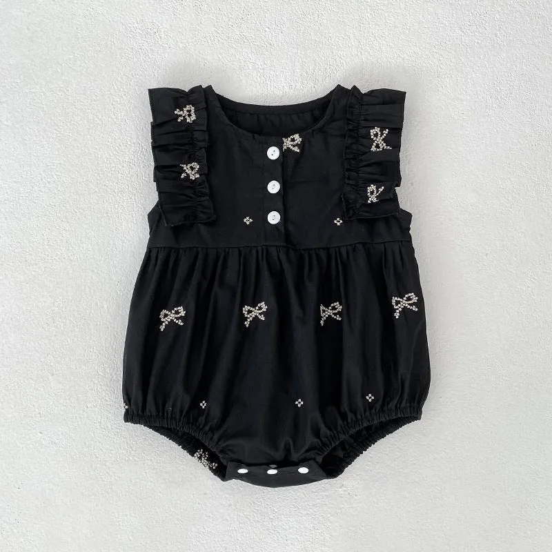 Children's cotton bowknot embroidered sleeveless dress in pink with A-line skirt