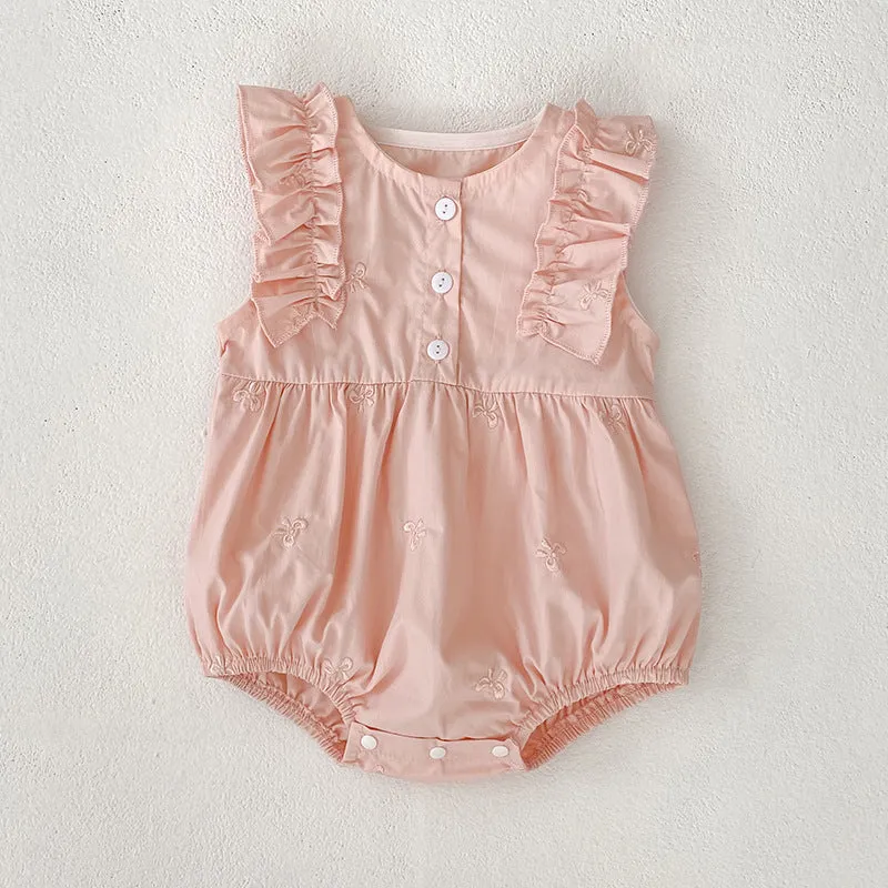 Children's cotton bowknot embroidered sleeveless dress in pink with A-line skirt