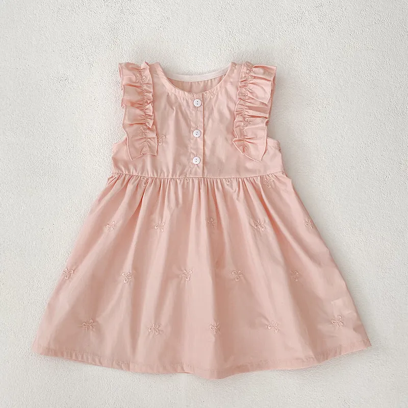 Children's cotton bowknot embroidered sleeveless dress in pink with A-line skirt