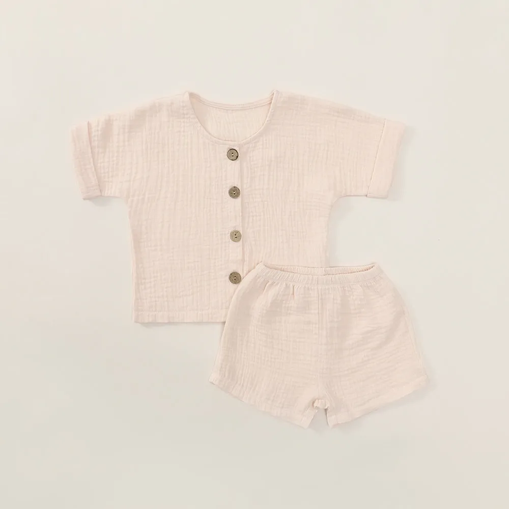 Five-point short sleeve set summer pure cotton fabric beige apricot colour for baby boys girls