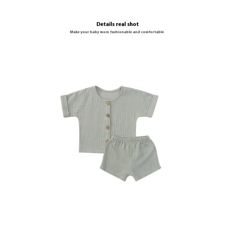 Five-point short sleeve set summer pure cotton fabric beige apricot colour for baby boys girls