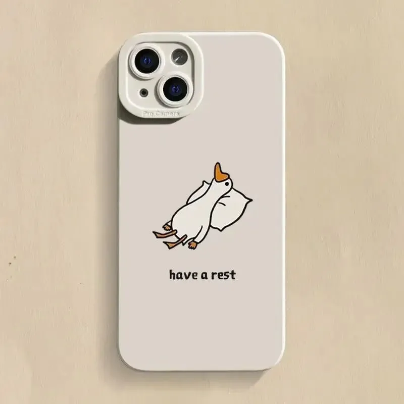 Cute carved cartoon duck design on a black silicone case for an iPhone.