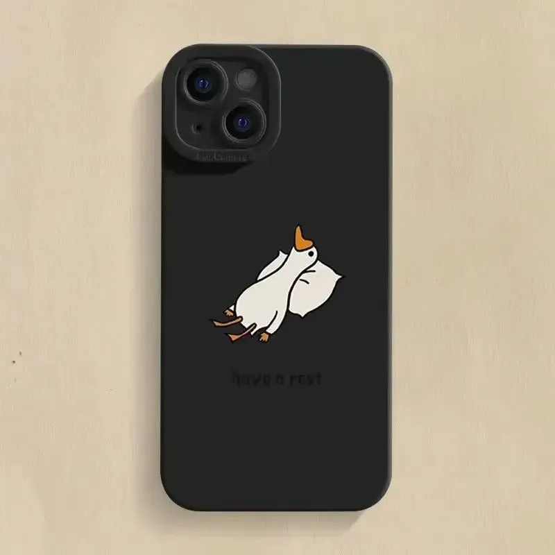 Cute carved cartoon duck design on a black silicone case for an iPhone.