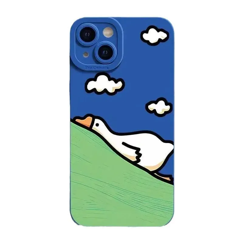 Cute carved cartoon duck design on a black silicone case for an iPhone.